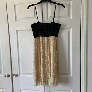 Pinky Womens Black Ivory Ruched Sequin Lace Lined Adjustable Strap Dress Size L
